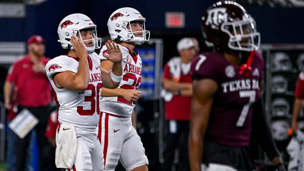Arkansas reacts to a field goal off the uprights.